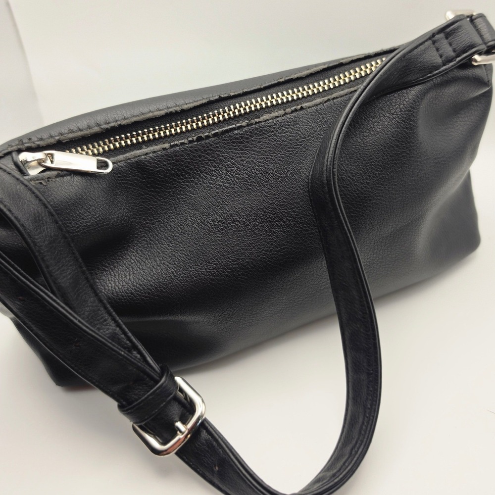 Black Faux Leather Shoulder Bag Minimalist Baguette Purse Silver Hardware